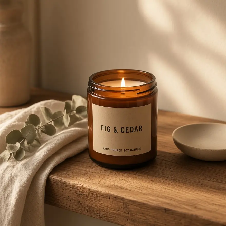 After: amber candle styled on an oak shelf in warm golden light