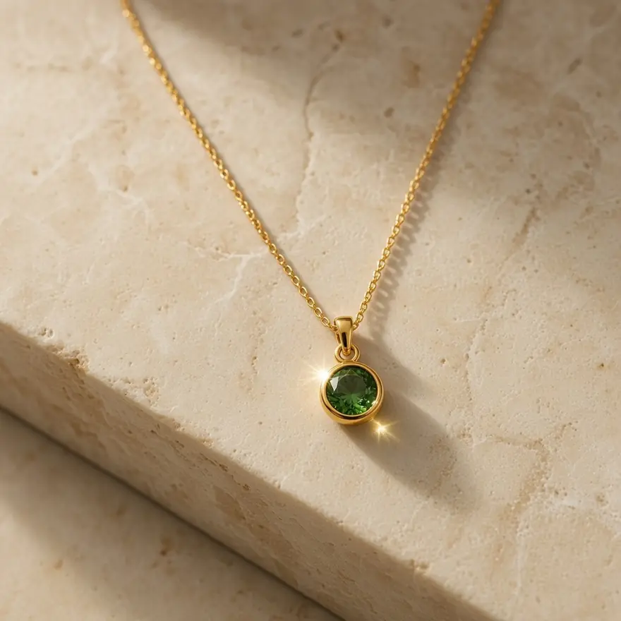 After: gold pendant necklace with green stone on travertine